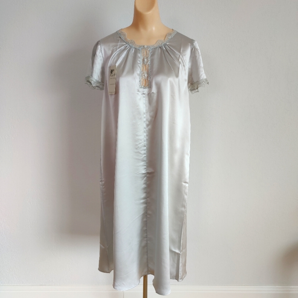 NWT Vintage Silk Nightgown | Satin Lingerie Dress with Cap Sleeves- Gray